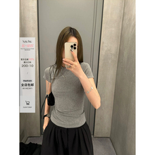 灰色紧身纯棉短袖t恤女2025新款夏季短款小个子修身显瘦正肩上衣