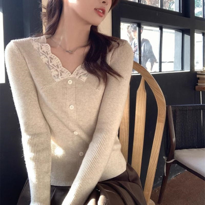 法式蕾丝v领针织打底衫女毛衣潮