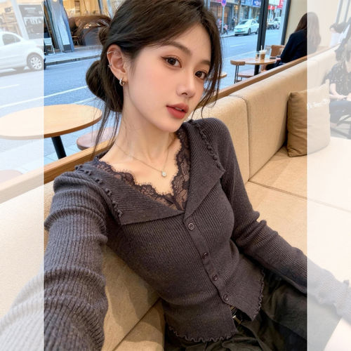 韩系深灰色蕾丝v领针织衫毛衣女