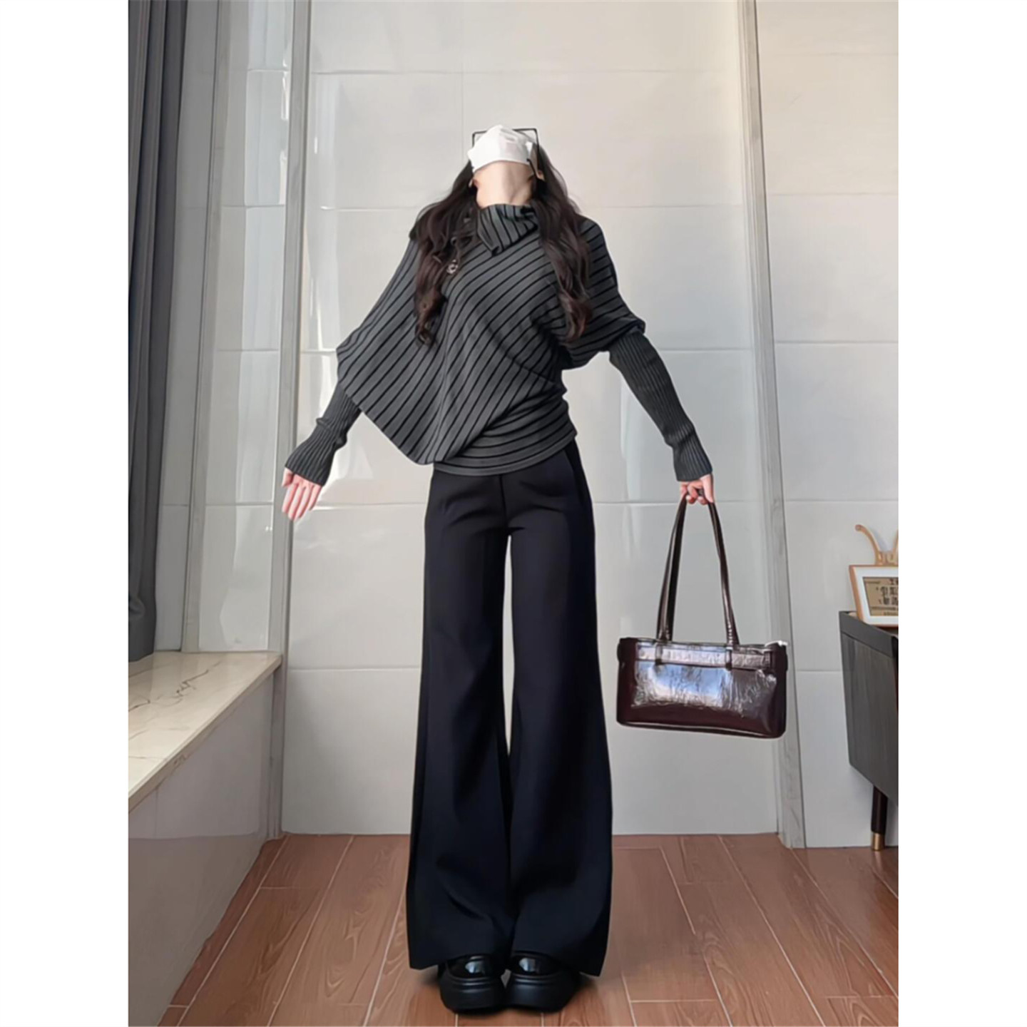 韩系复古条纹不规则针织衫毛衣女