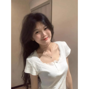 设计感蕾丝花边修身 美式 2025新款 辣妹露锁骨U领短袖 上衣 t恤女夏季