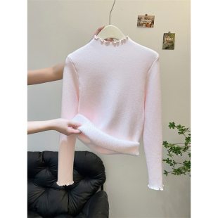 加厚一体绒打底衫 上衣 女内搭秋冬半高领木耳边毛衣加绒保暖针织衫