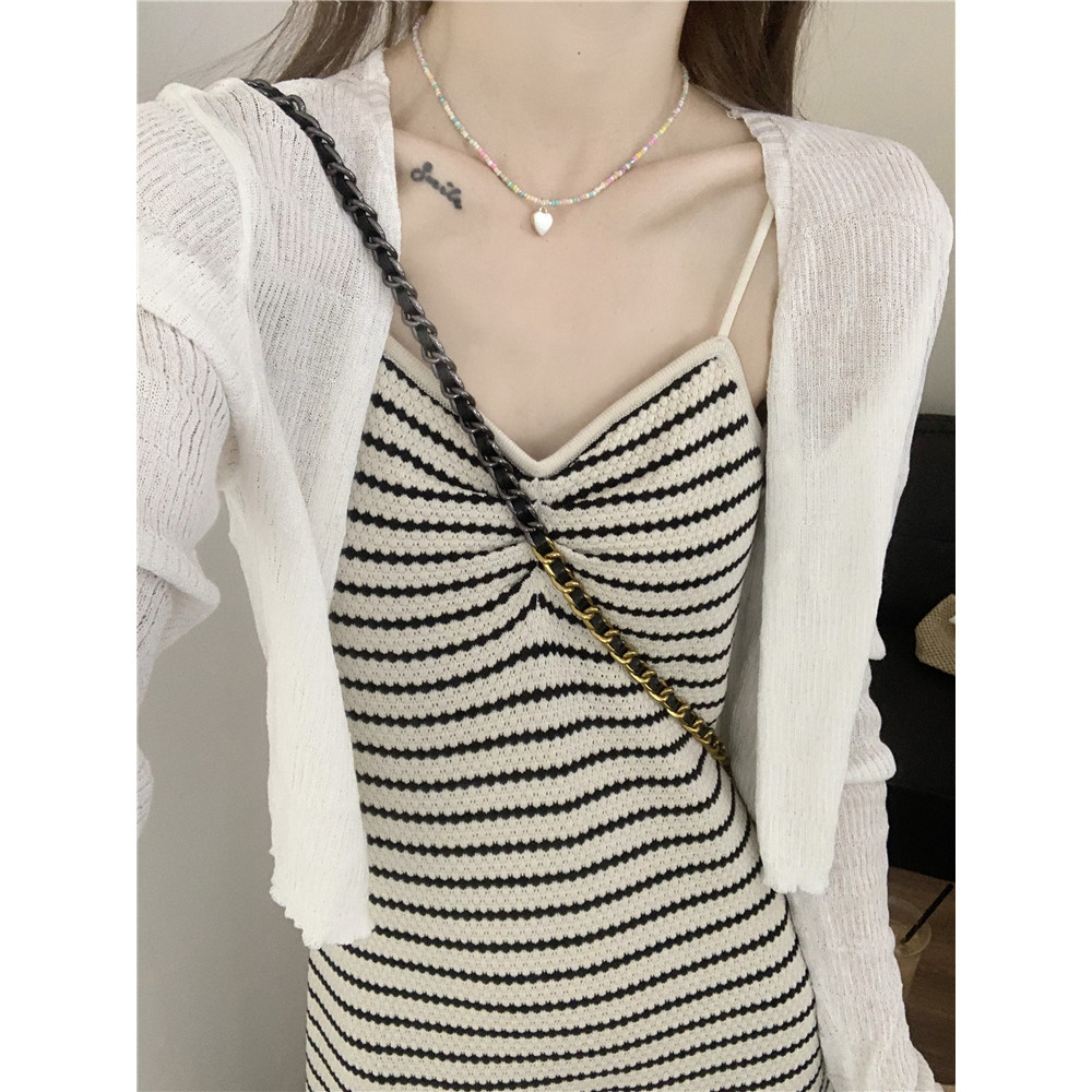 法式撞色条纹针织吊带连衣裙子女图片