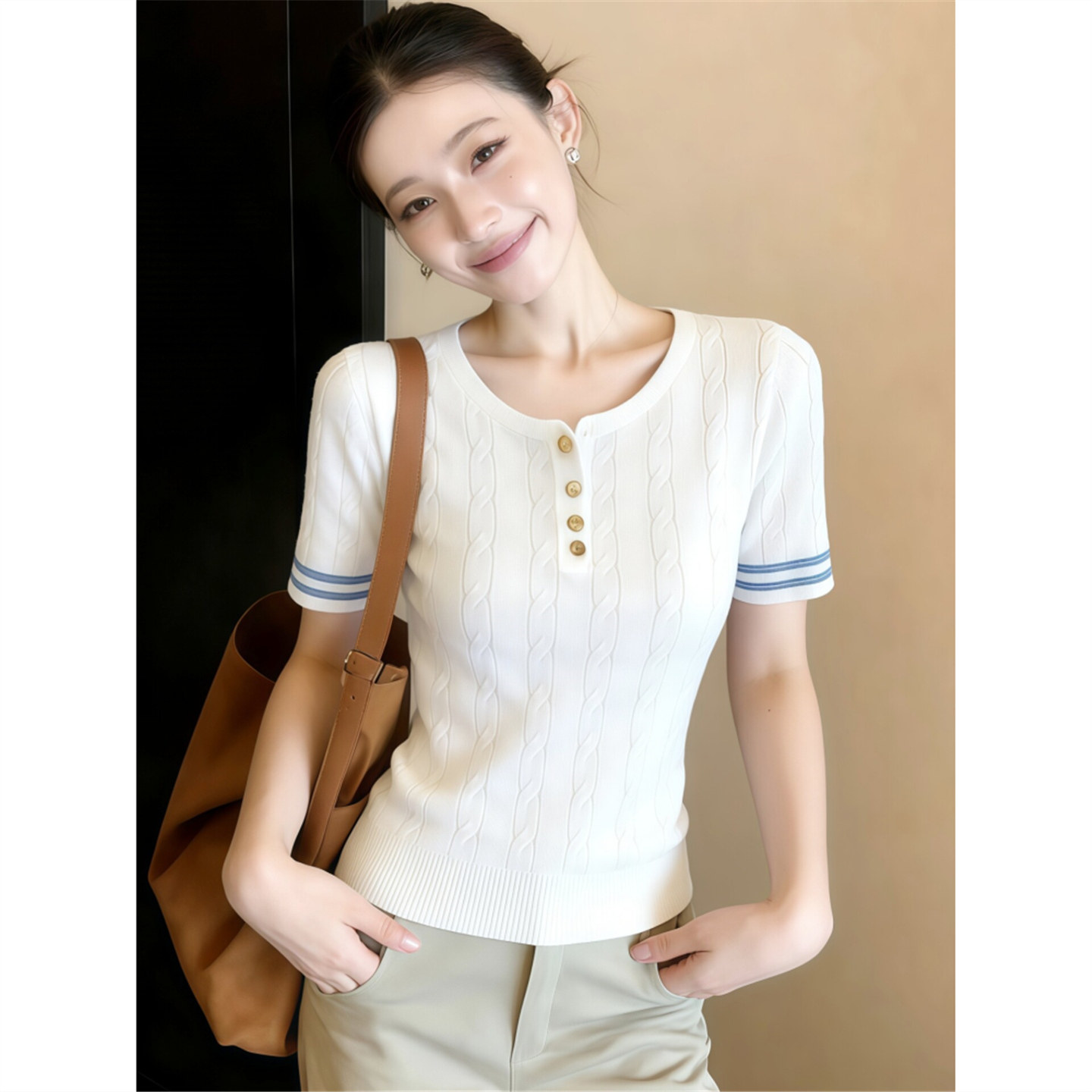 韩系白色麻花条纹针织衫女短袖夏季2026新款小个子正肩T恤短上衣