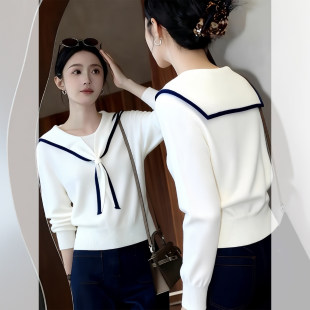 韩系减龄撞色海军领针织衫毛衣女早秋2026新款慵懒风显瘦收腰上衣