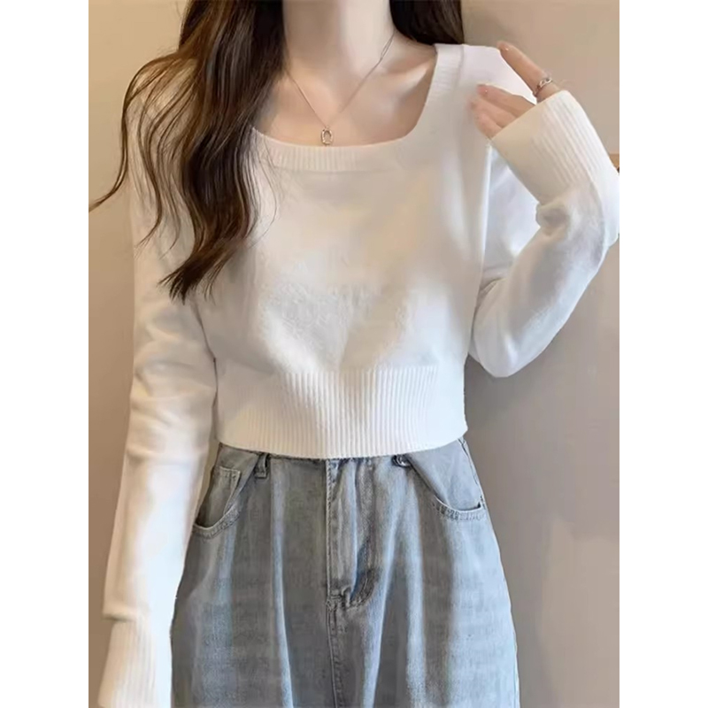 法式气质收腰方领针织衫毛衣女潮