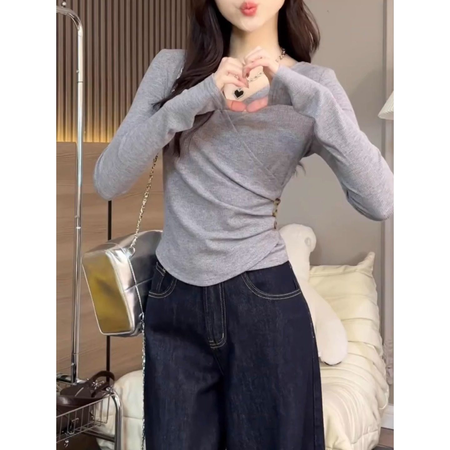 纯欲风v领正肩长袖t恤女打底上衣