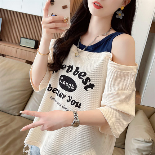 宽松薄款华夫格假两件露肩t恤女