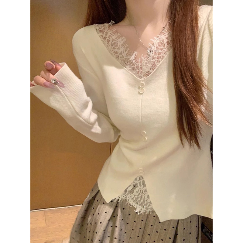 纯欲风v领蕾丝拼接毛衣女内搭潮