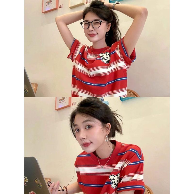 美式小狗印花红色条纹t恤女短袖