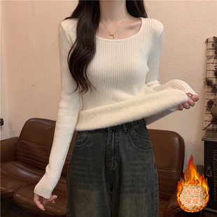 加绒加厚保暖方领毛衣女秋冬2026新款修身短款内搭打底针织衫上衣