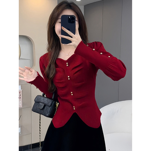 法式高级感v领泡泡袖针织衫女秋冬季修身显瘦毛衣内搭打底衫上衣