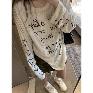 上衣 设计感小众字母印花防晒罩衫 t恤女夏季 薄款 宽松显瘦减龄长袖