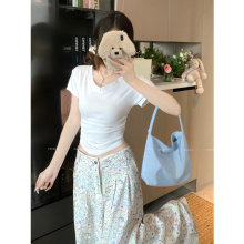 白色正肩t恤女短袖夏季2025新款修身紧身纯欲辣妹v领掐腰短款上衣