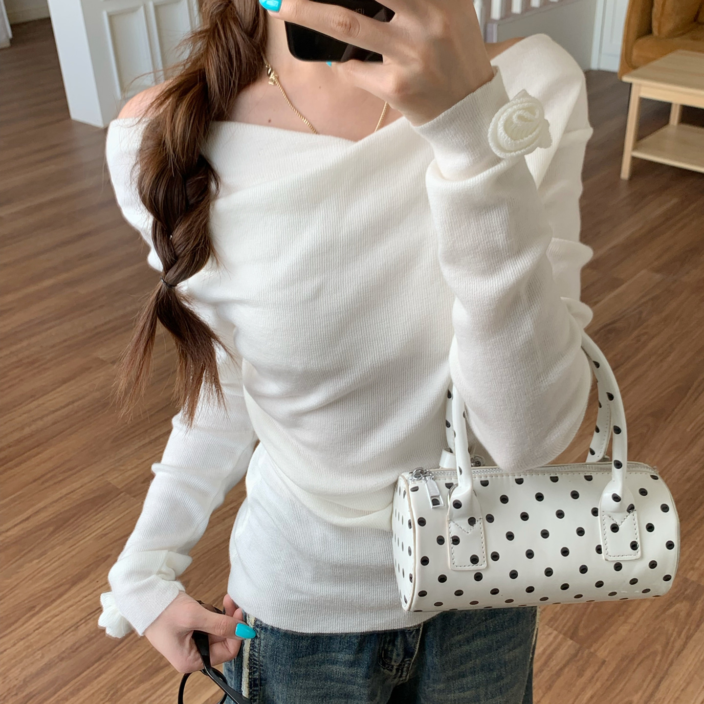 法式一字肩荡领长袖针织衫女打底