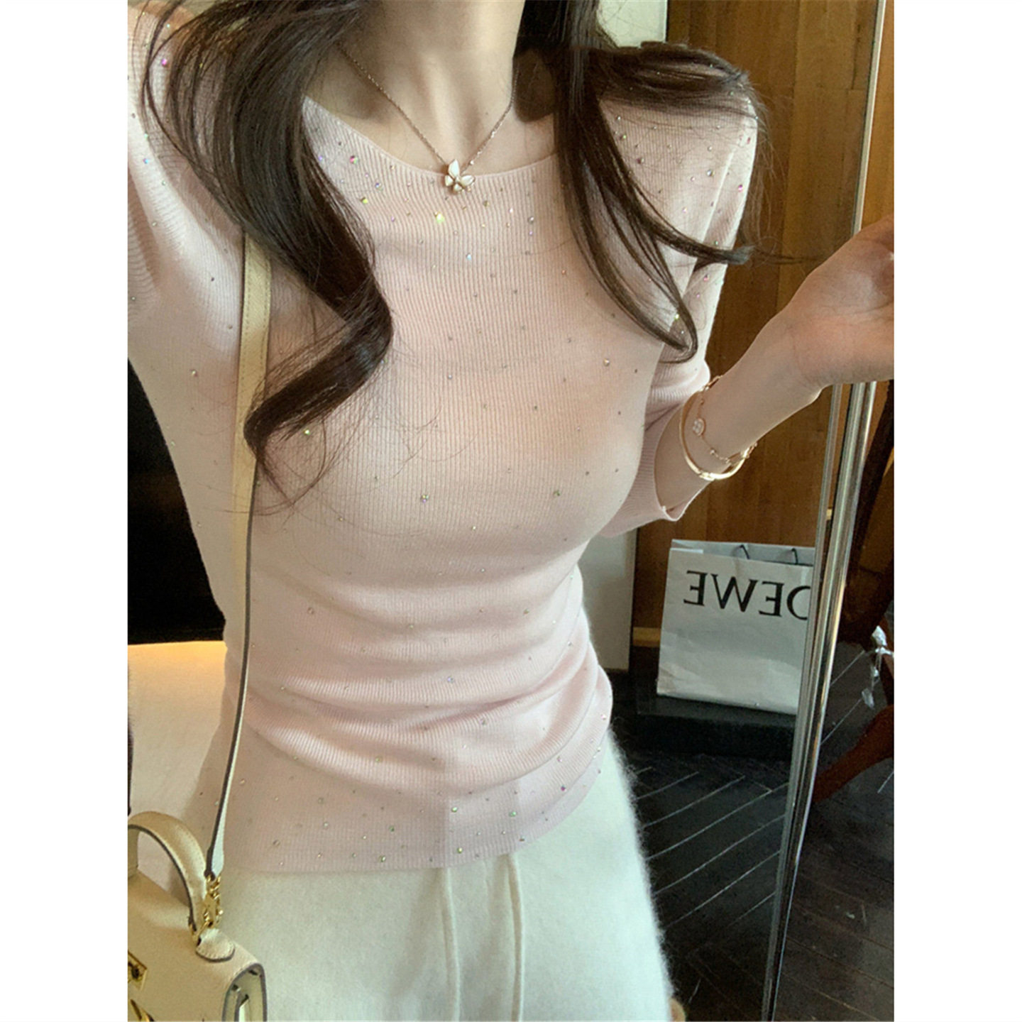 高级感重工闪钻针织衫女秋冬百搭修身显瘦内搭毛衣长袖打底衫上衣