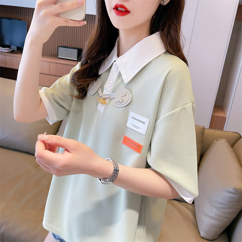 宽松翻领华夫格假两件短袖t恤女