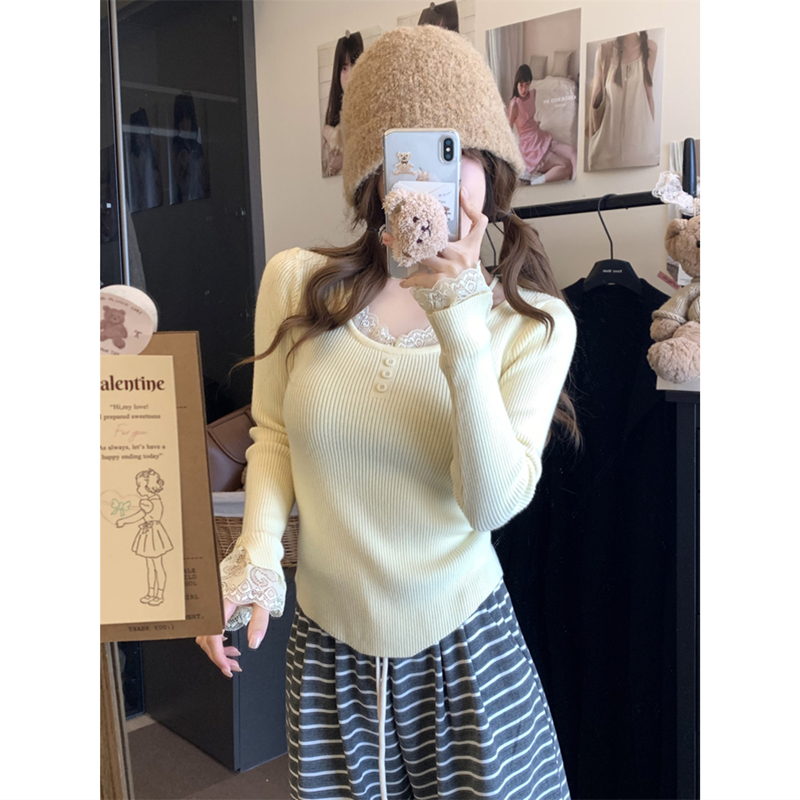 高级感巨好看的蕾丝花边针织衫女