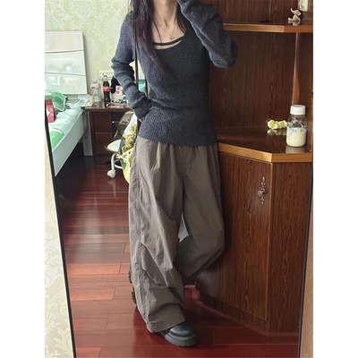 韩系灰色长袖针织衫毛衣女打底衫