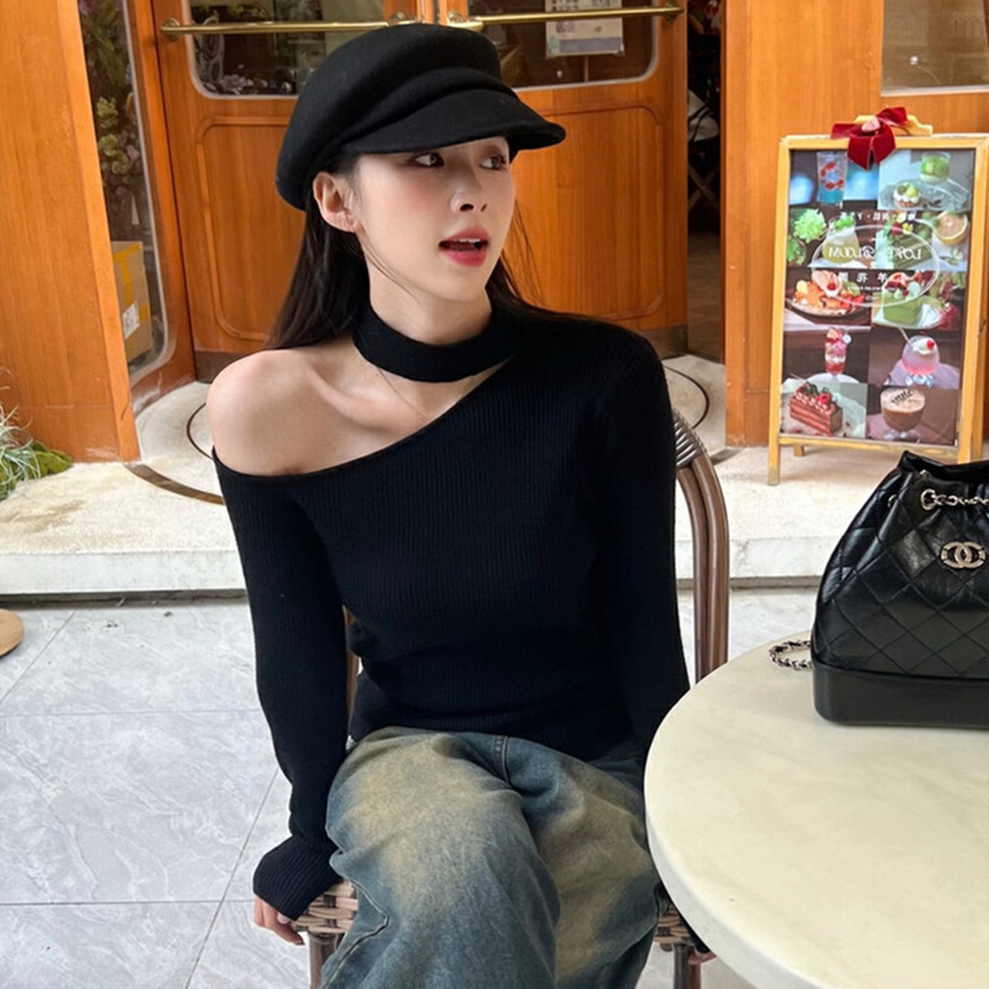 法式露肩针织衫毛衣女春秋2026新款内搭打底衫设计感挂脖斜肩上衣,女装/女士精品,毛针织衫,淘宝优惠券,粉丝福利购,淘宝优惠卷