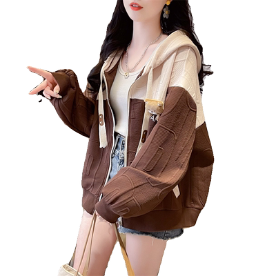 宽松薄款连帽撞色棒球服外套女潮