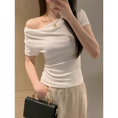 纯欲风白色露肩荡领短袖t恤女潮