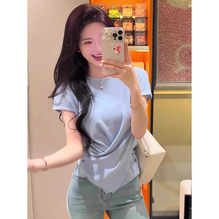 蓝色小飞袖冰丝针织短袖t恤女夏季设计感小众不规则修身收腰上衣