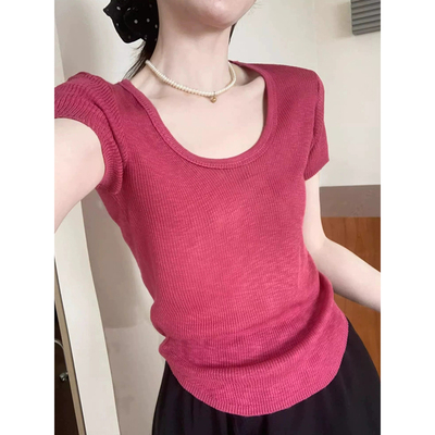法式U领玫粉色显白针织衫女短袖