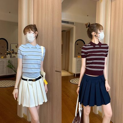 韩系针织衫polo领条纹短袖t恤女夏季设计感小众修身显瘦掐腰上衣