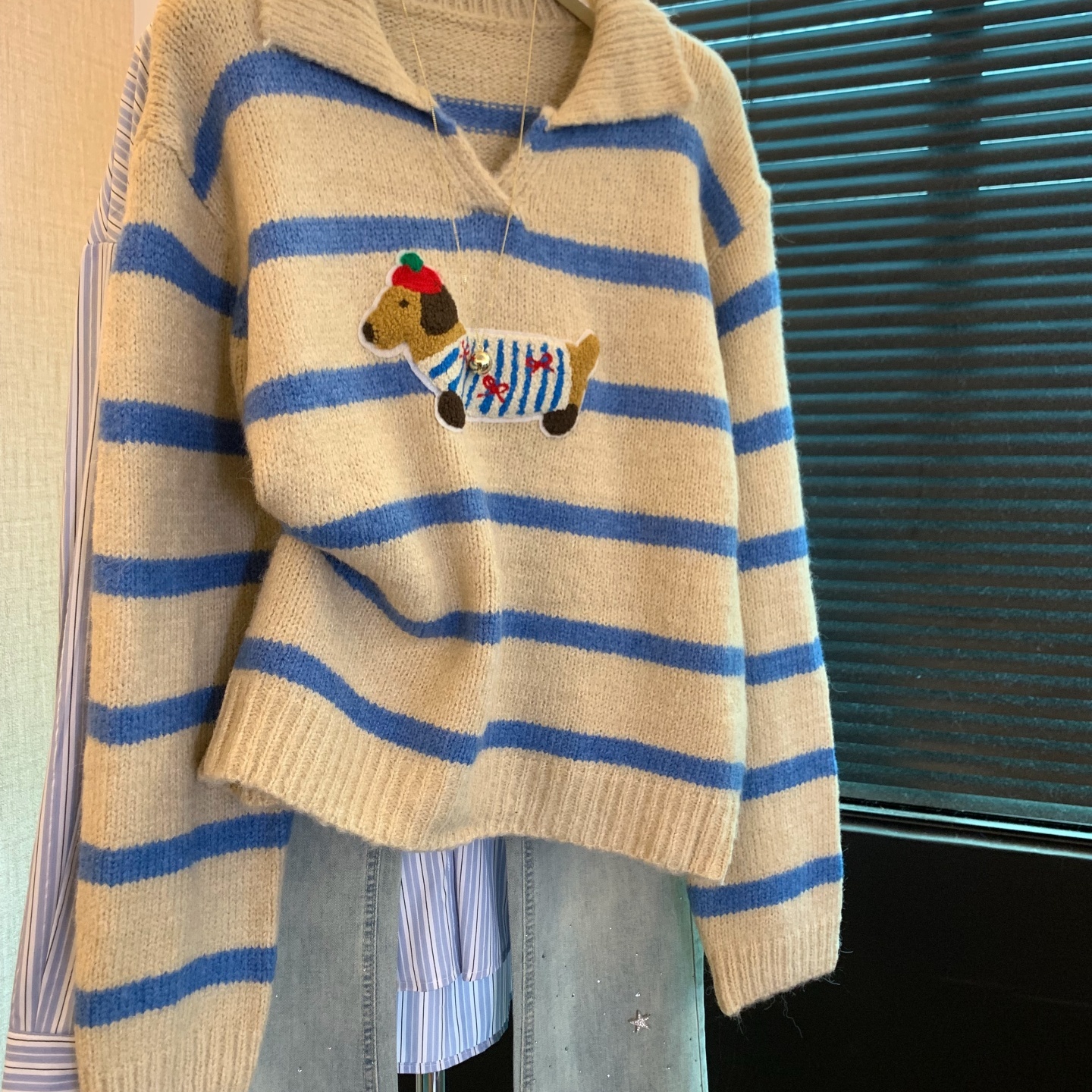 学院风小狗刺绣Polo领毛衣女内搭