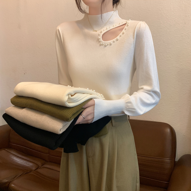 半高领钉珠镂空打底针织衫毛衣女