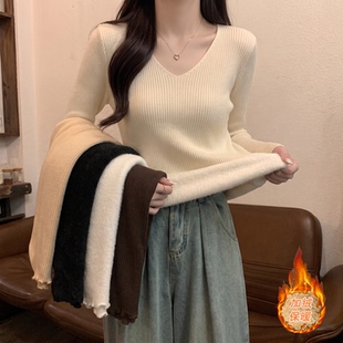 韩系小个子短款v领针织衫毛衣女早春秋薄款可外穿内搭打底衫上衣