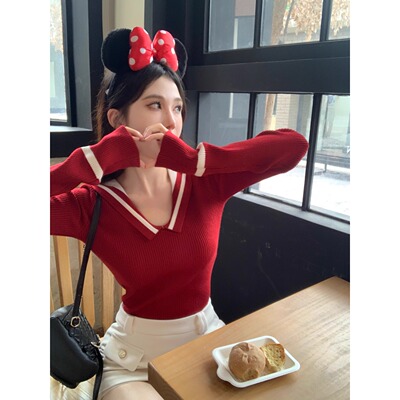 修身内搭红色Polo领针织衫毛衣女