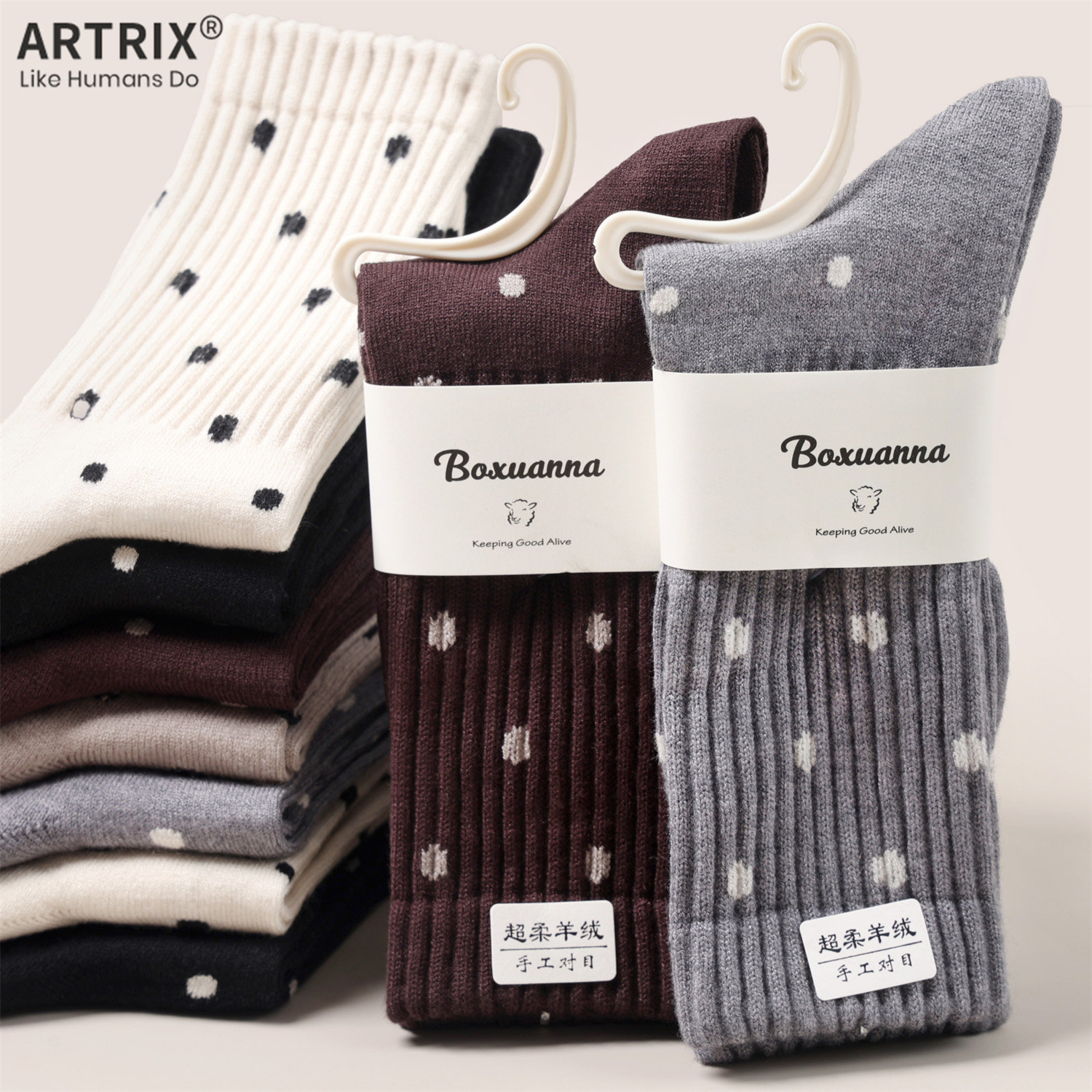 秋冬新款波点羊绒袜女中筒袜保暖舒适透气堆堆袜学院风