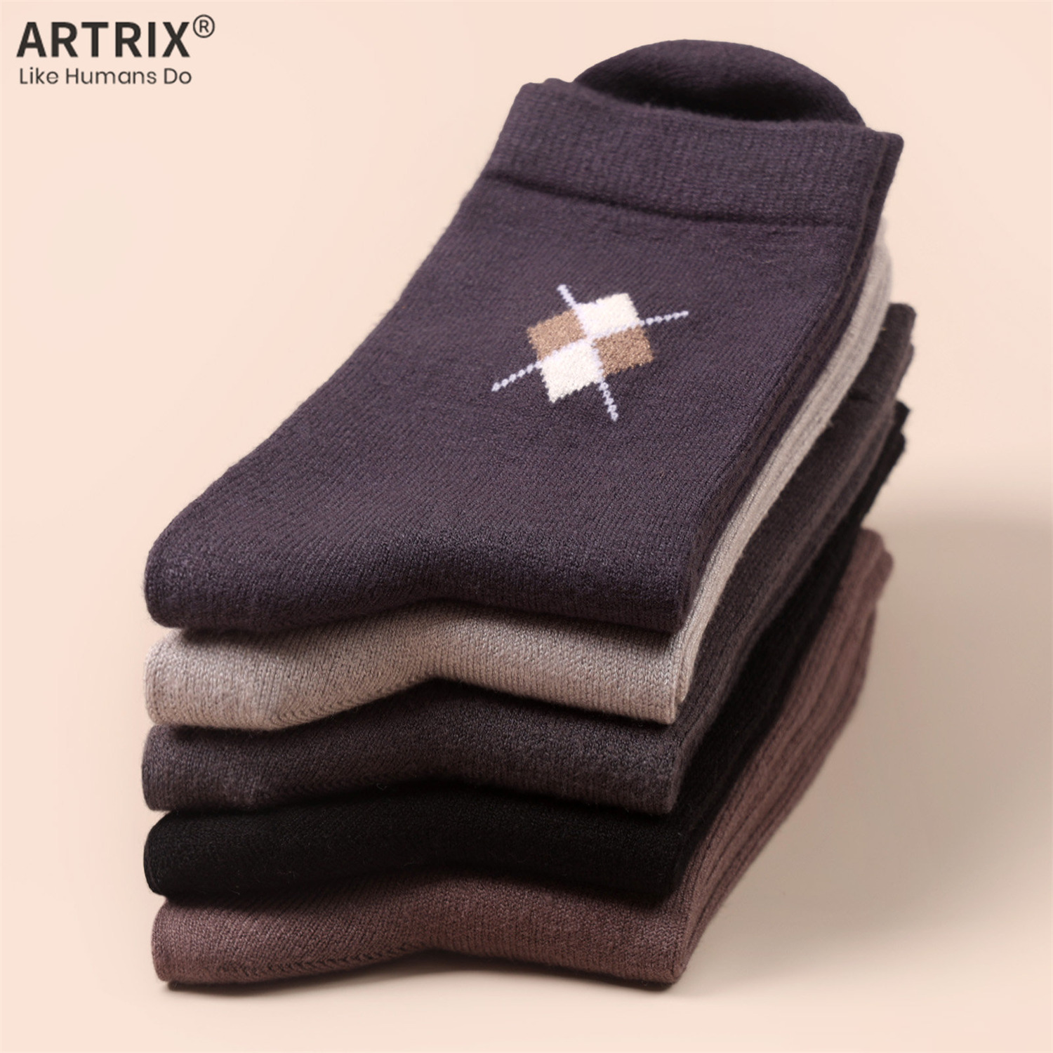 冬季保暖男士羊毛袜商务袜厚袜子菱形提花手工对目