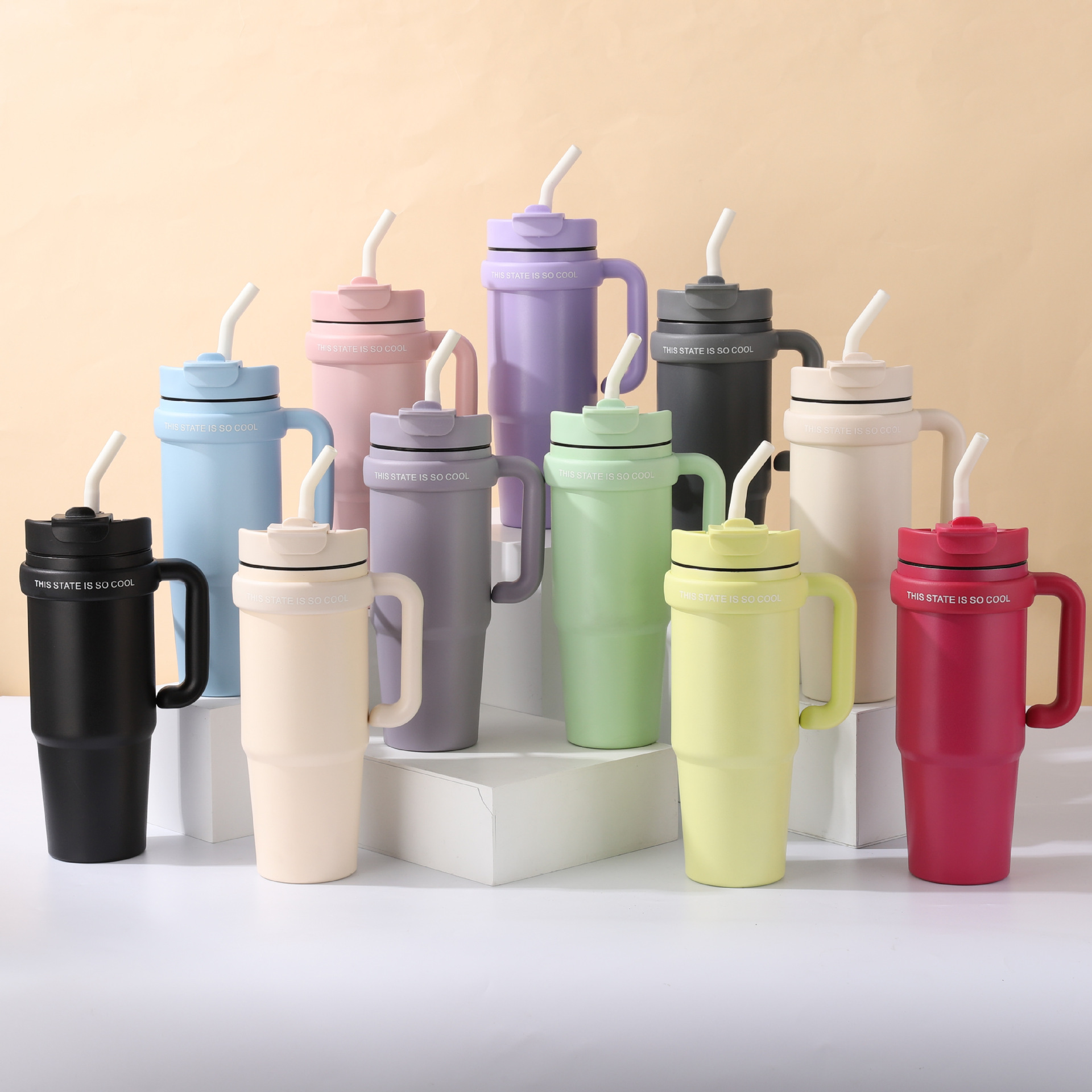 跨境巨无霸30oz手柄汽车杯304不锈钢保温杯车载双饮吸管冰霸杯