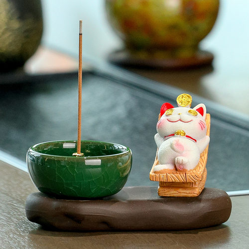 躺赢招财猫线香插香炉桌面摆件烧香沉香檀香盘香熏炉小猫禅a0133