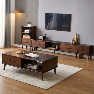 黑胡桃木色全实木电视柜茶几组合现代简约客厅北欧小户型卧室地柜