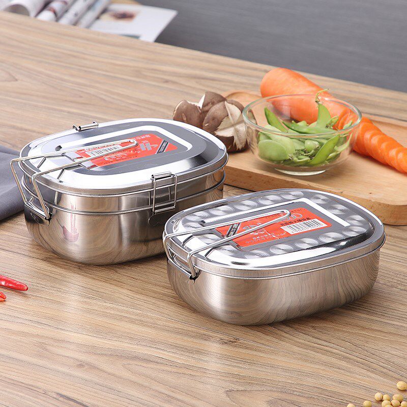 悦积分老式不锈钢饭盒食品级铁饭盒方形带盖便当盒食堂蒸饭盒