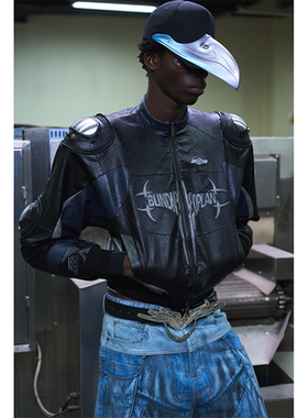 BLINDNOPLAN26SS高端线短款拼接撞色护具机车皮衣夹克外套