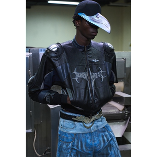 BLINDNOPLAN26SS高端线短款拼接撞色护具机车皮衣夹克外套