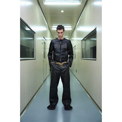 BLINDNOPLAN26SS高端系列短款廓形刺绣皮衣机车夹克外套