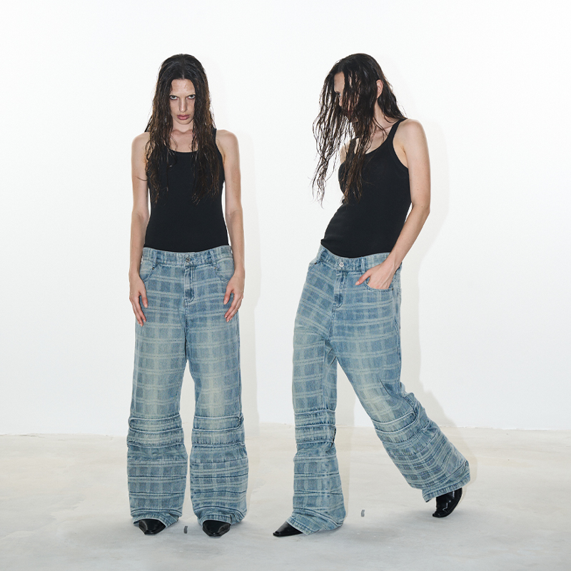 格纹微喇牛仔水洗裤BLINDNOPLAN