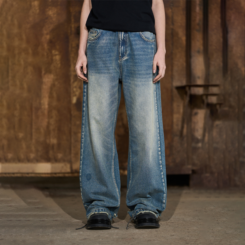 怀旧水洗破坏直筒长裤