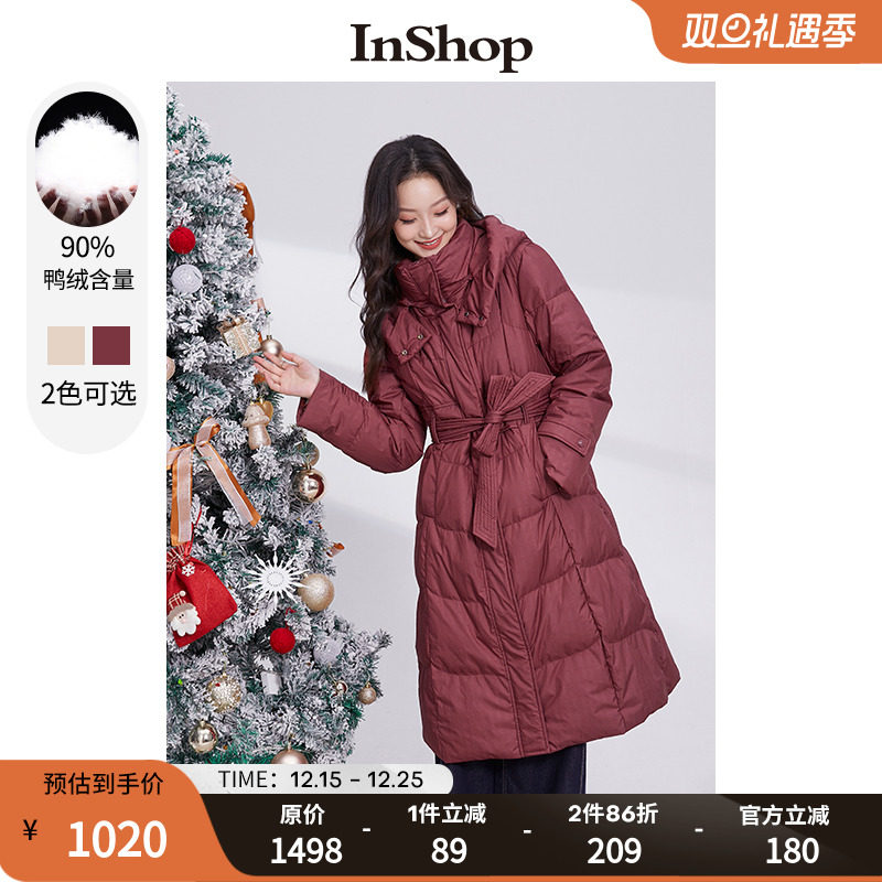 【商场同款】INSHOP新款连帽中长款羽绒服女厚实腰带修身面包服