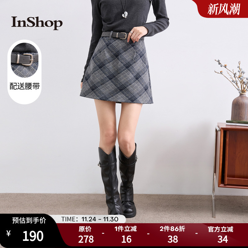 【商场同款】INSHOP新款女活力少女感a字半身裙显瘦格纹短裙