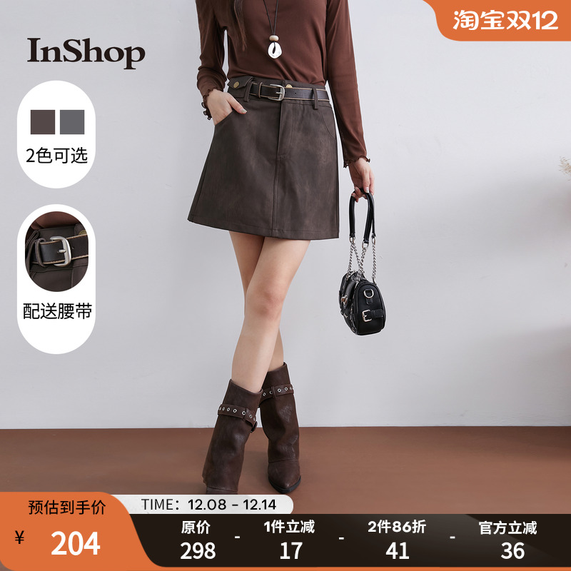 【商场同款】InShop新款女复古百搭a字半身裙都市显瘦甜酷短裙