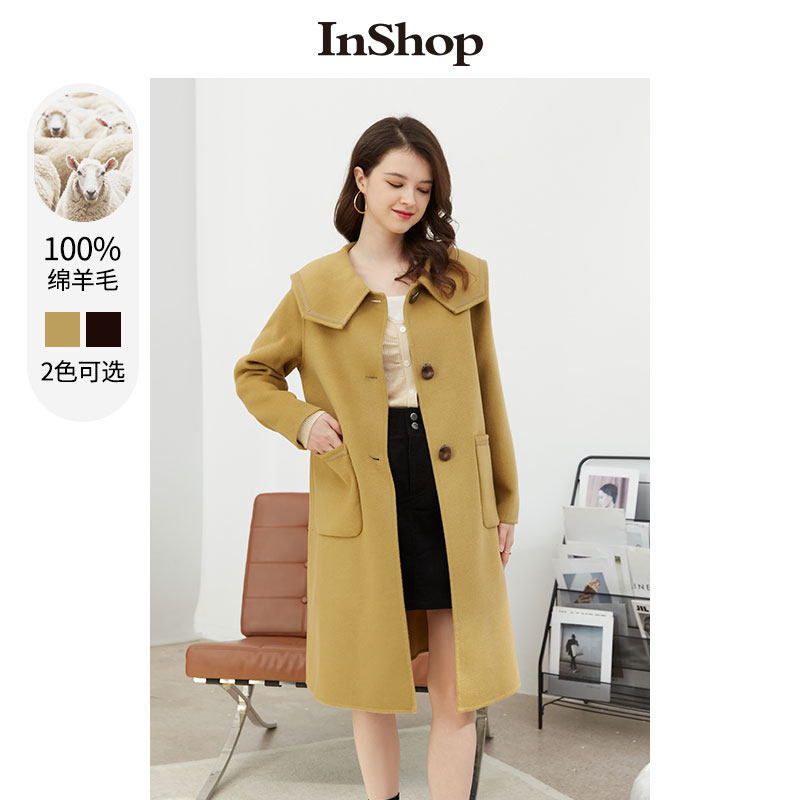 【商场同款】INSHOP新款女中长款毛呢外套学院风甜美海军领大衣