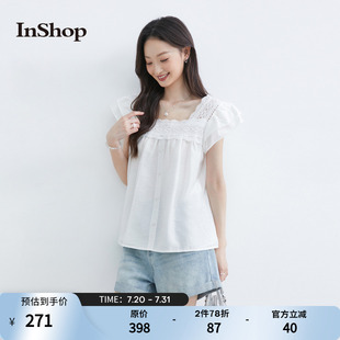 商场同款 双层飞飞袖 INSHOP新款 女甜美蕾丝花边上衣 短袖 衬衫