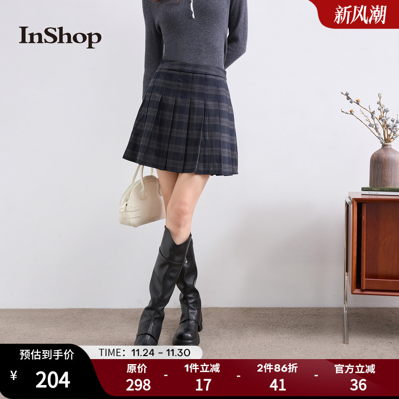 【商场同款】INSHOP新款女学院风减龄a字半身裙经典格子百褶短裙